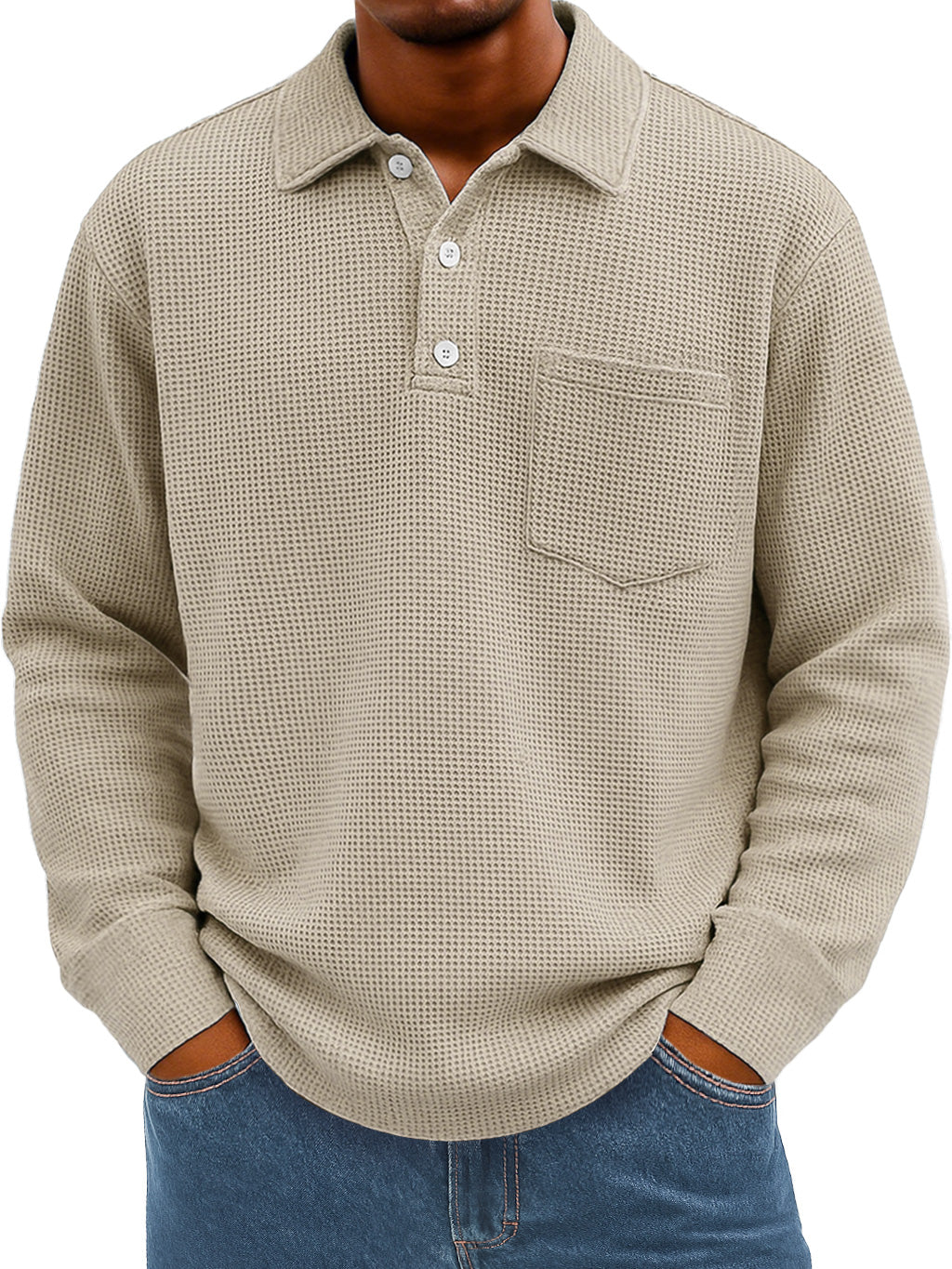 Men's Everyday Waffle Lapel Button Casual Pocket Long Sleeve Polo Shirt