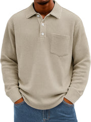 Men's Everyday Waffle Lapel Button Casual Pocket Long Sleeve Polo Shirt