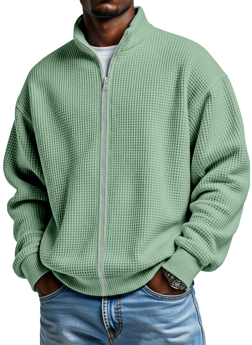 Men's Simple Solid Color Waffle Stand Collar Zipper Jacket