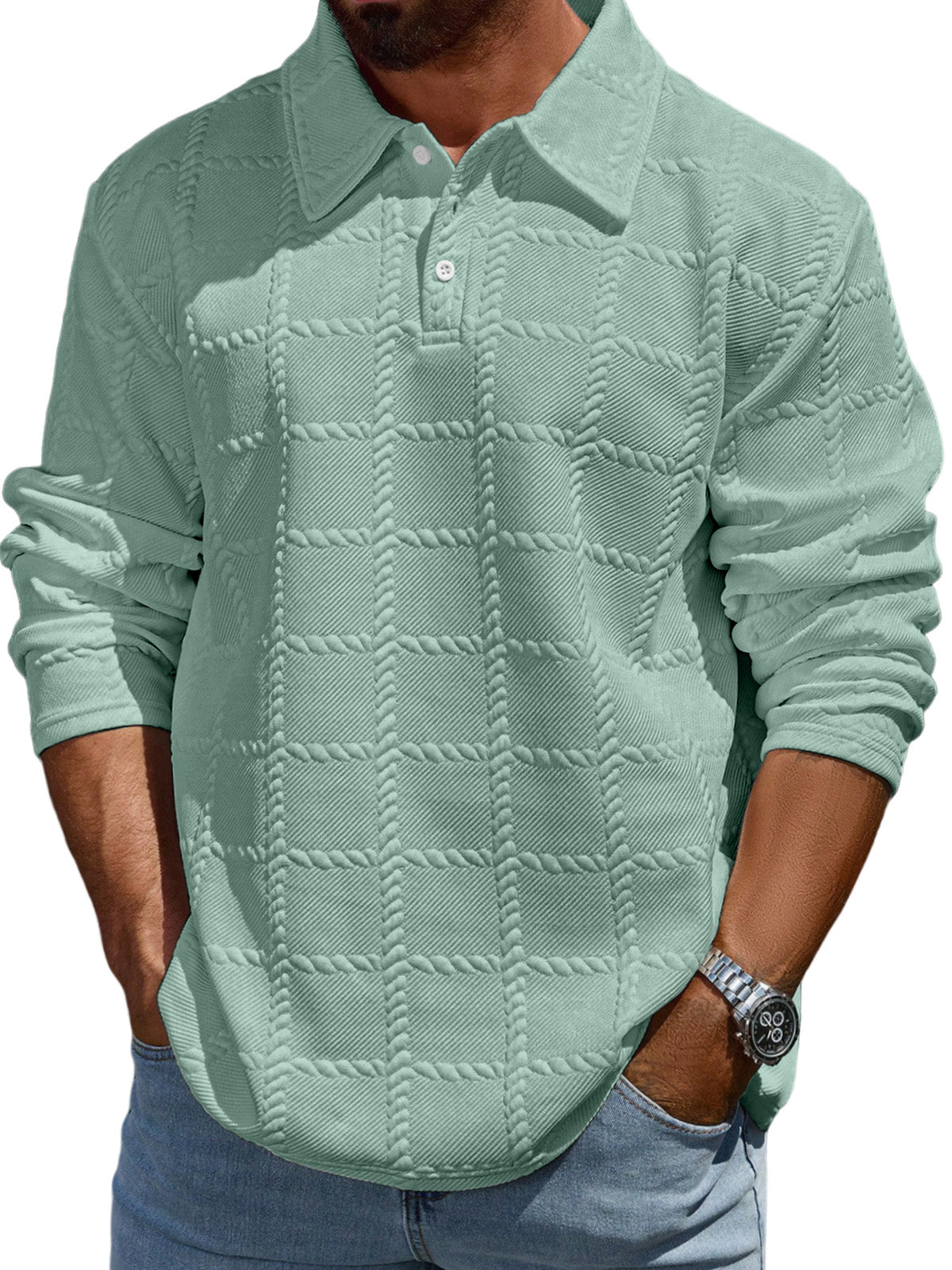 Men's Simple Solid Color Textured Lapel Long-sleeved Polo Shirt