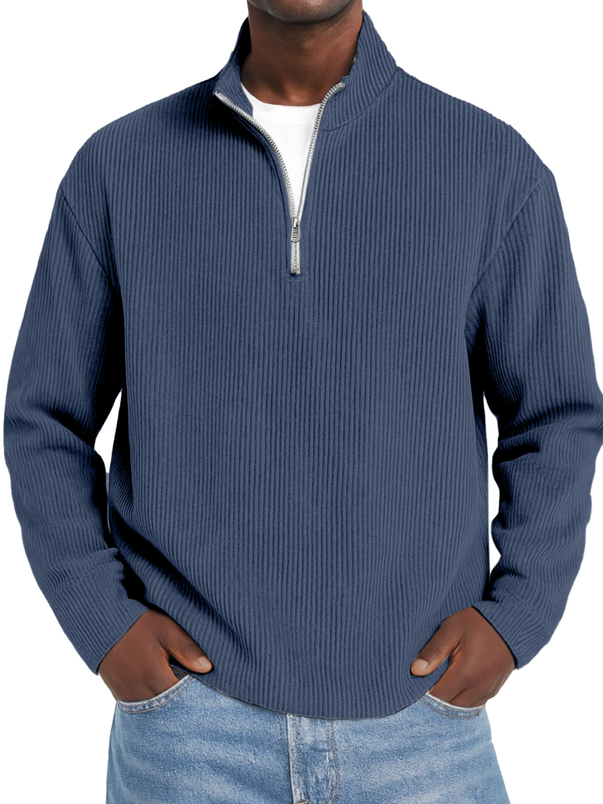 Men's Daily Solid Color Vertical Pit Zipper Long Sleeve Polo Shirt