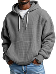 Men's Casual Solid Color Waffle Zipper Long Sleeve Hooded Sweatshirt