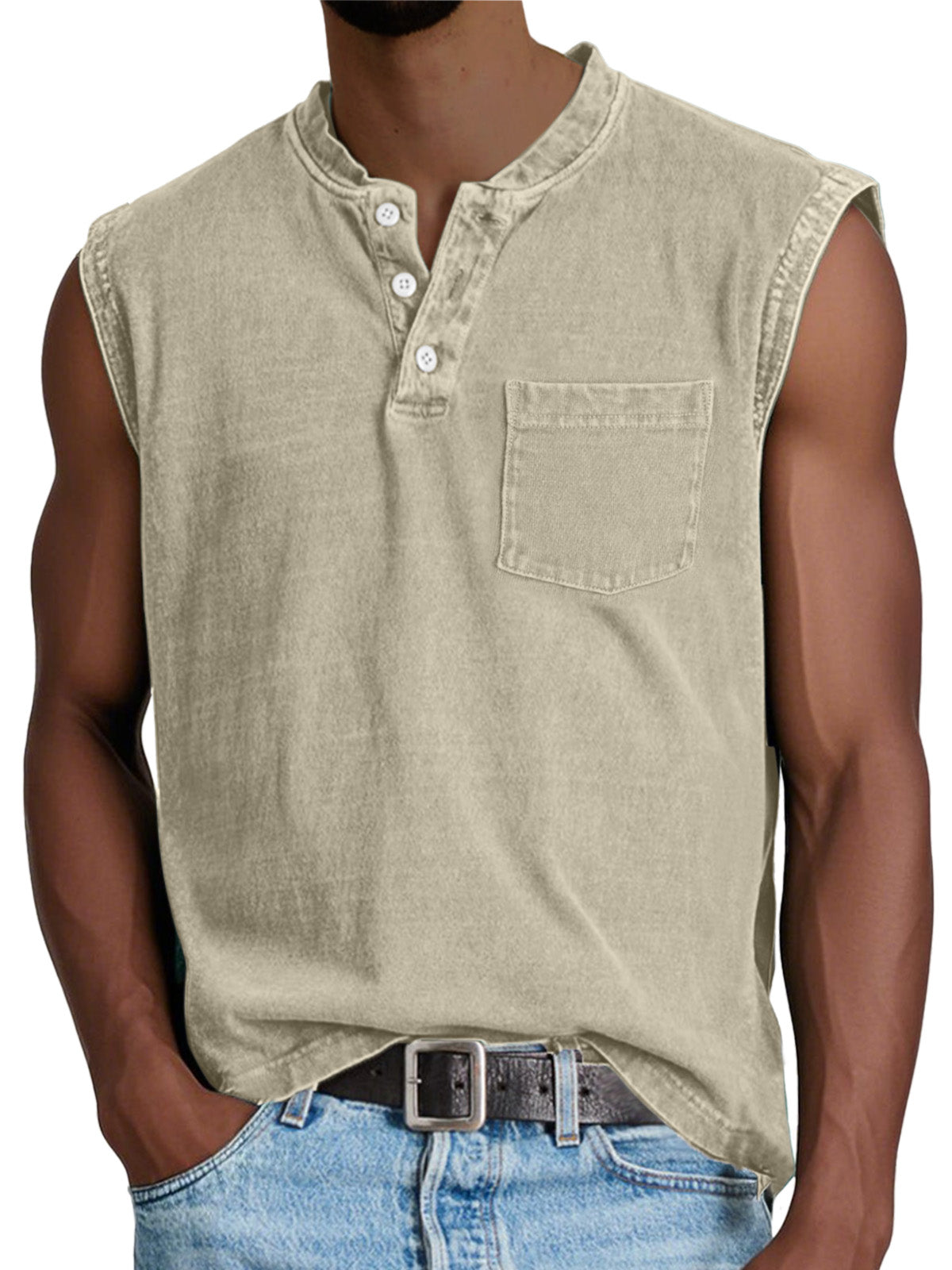 Men's Casual Retro Solid Color Simple Pocket Sleeveless Henley Shirt
