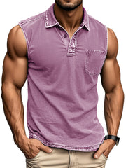 Men's Fashion Daily Distressed Fabric Pocket Sleeveless Polo Shirt 