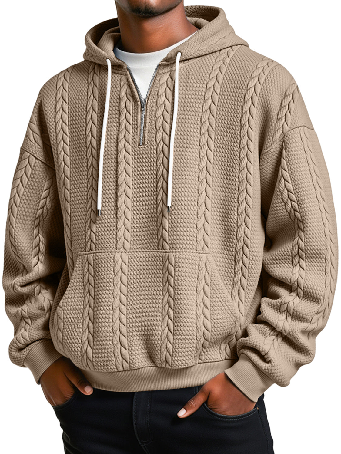 Men's Jacquard Texture Casual Zipper Hooded Loose Sweatshirt