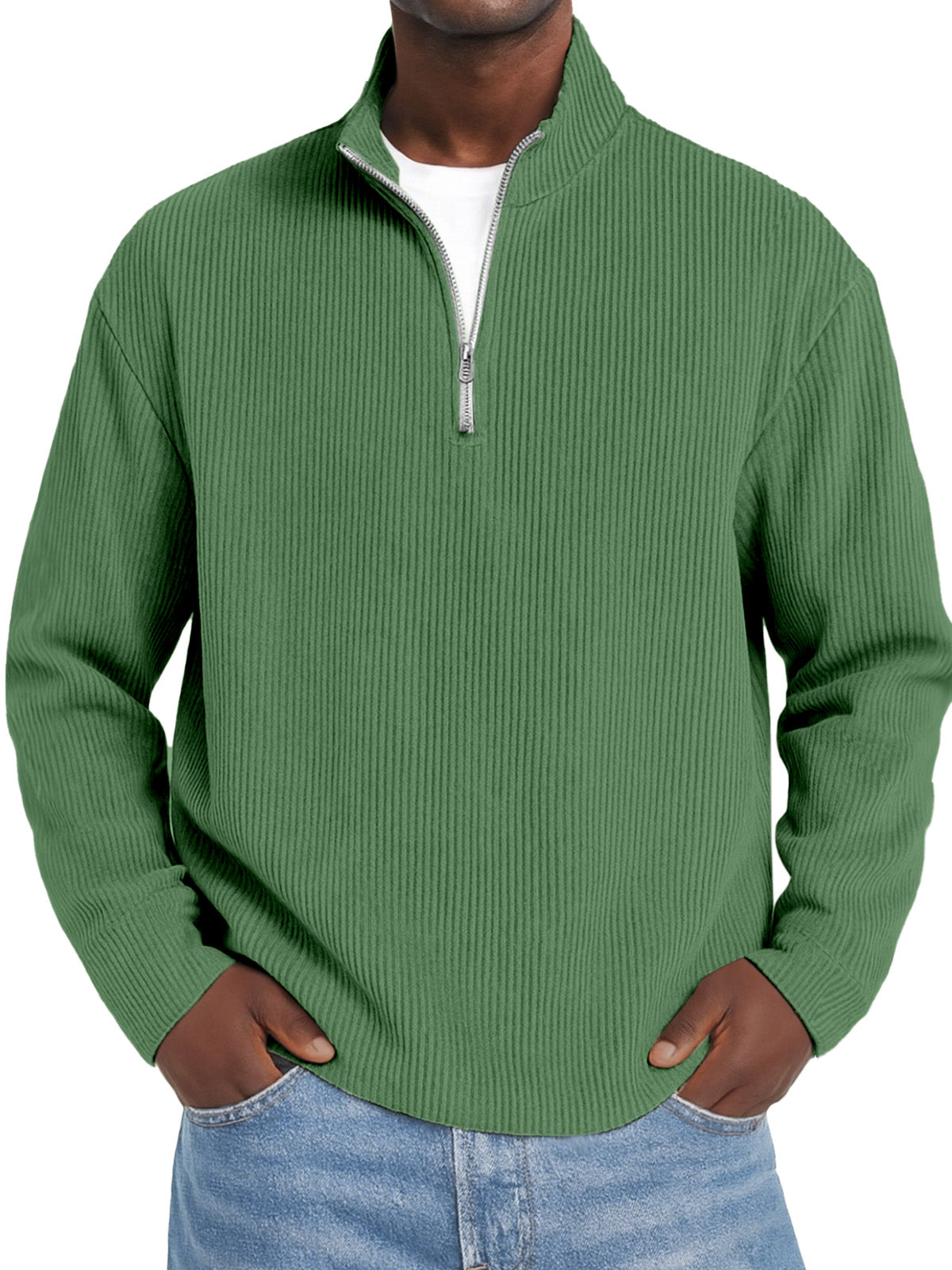 Men's Daily Solid Color Vertical Pit Zipper Long Sleeve Polo Shirt