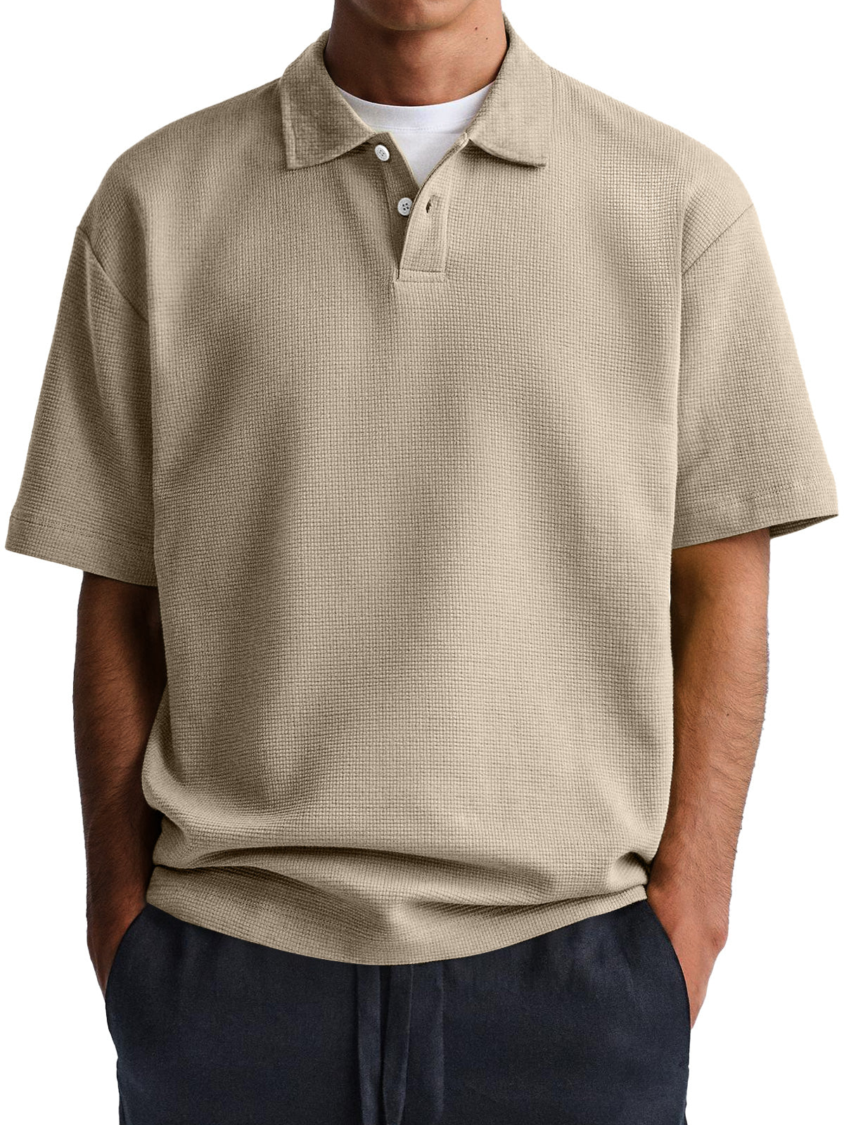 Men's Waffle Casual Lapel Button Down Short Sleeve POLO Shirt
