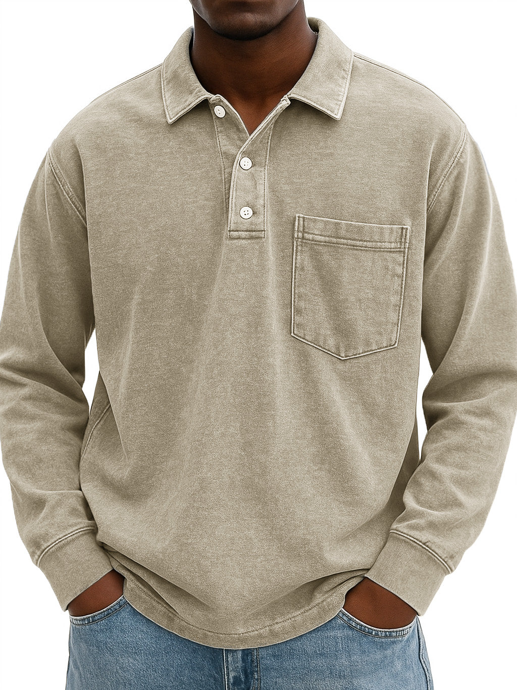 Men's Stylish Vintage Distressed Pocket Lapel Long-sleeved Polo Shirt 
