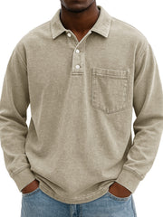 Men's Stylish Vintage Distressed Pocket Lapel Long-sleeved Polo Shirt 