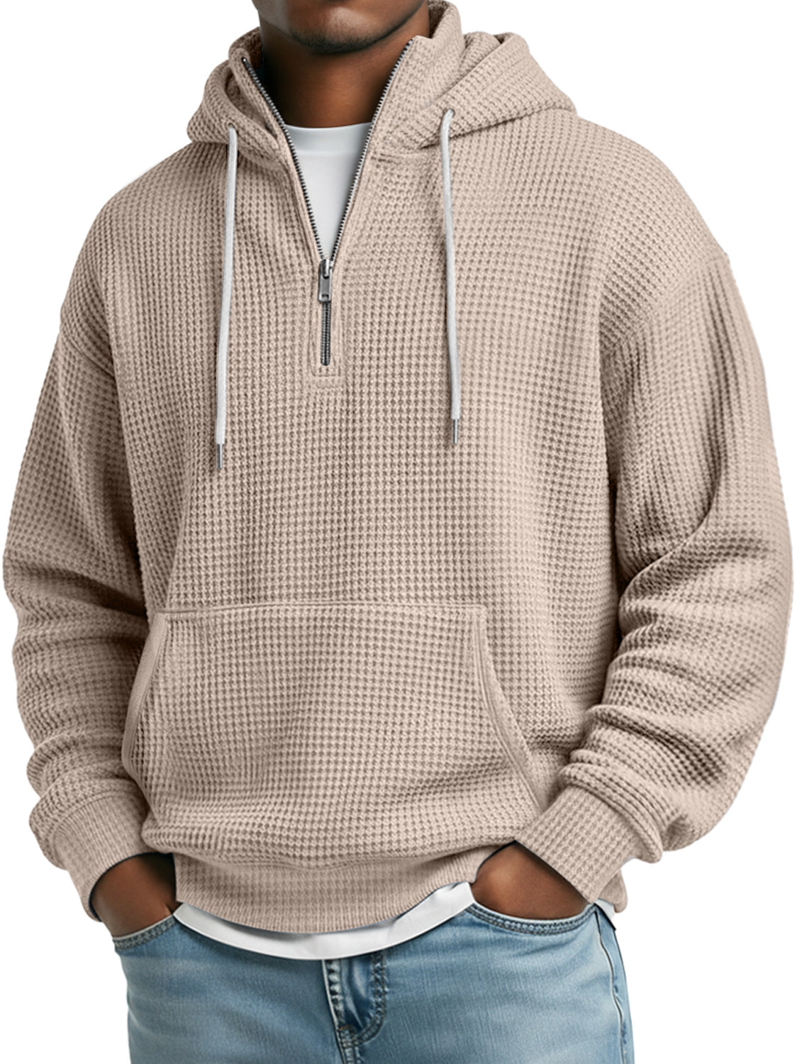 Men's Daily Waffle Stand Collar Zipper Casual Loose Hooded Sweatshirt