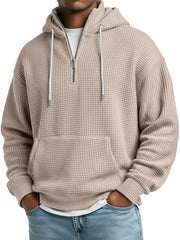 Men's Daily Waffle Stand Collar Zipper Casual Loose Hooded Sweatshirt