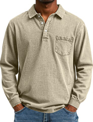 Men's Retro Solid Color Pocket Lapel Long Sleeve Polo Shirt
