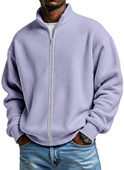 Men's Simple Solid Color Waffle Stand Collar Zipper Jacket