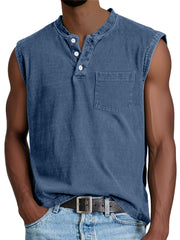 Men's Casual Retro Solid Color Simple Pocket Sleeveless Henley Shirt