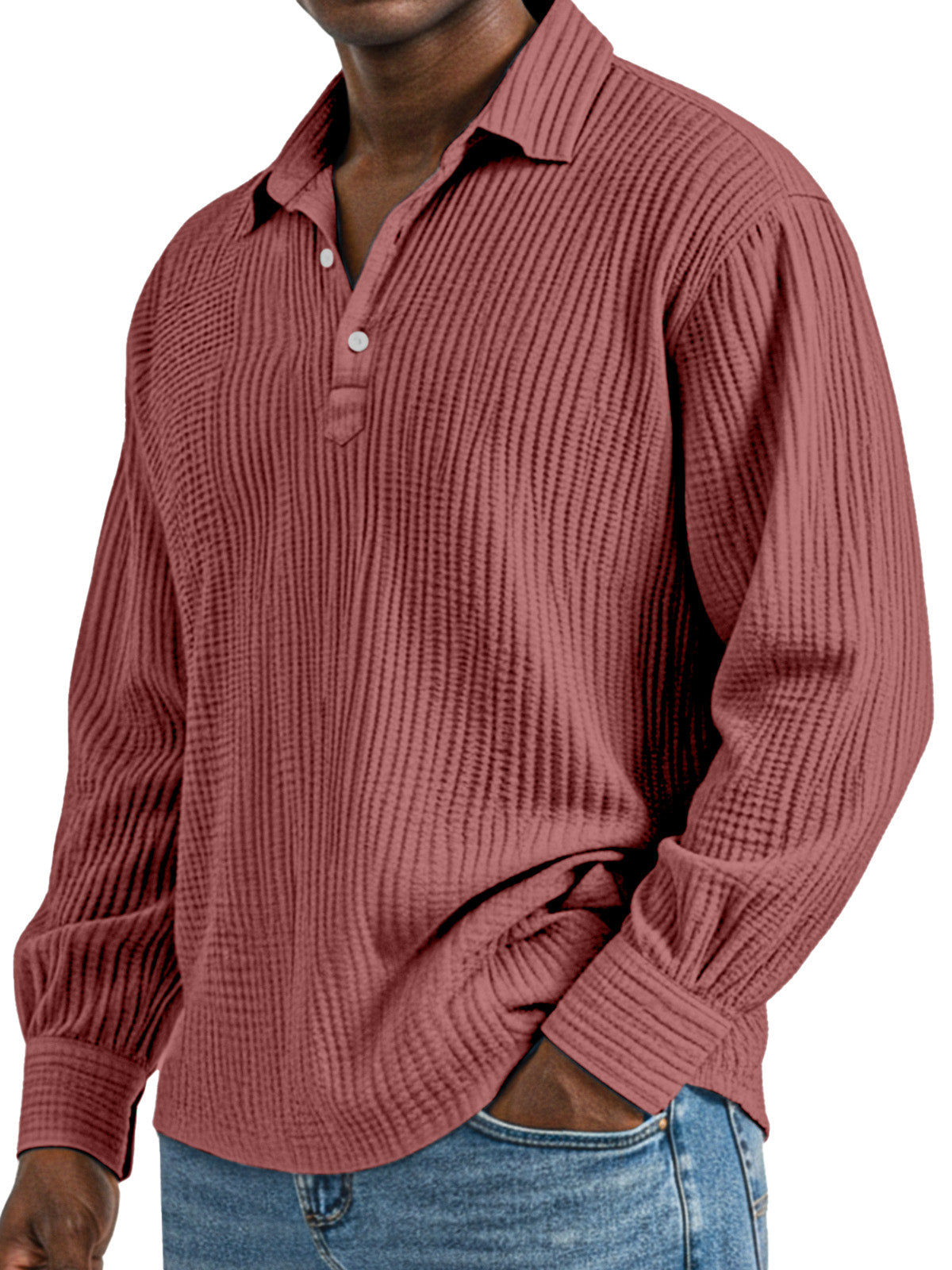 Men's Daily Simple Solid Color Pleated Long Sleeve Lapel Polo Shirt