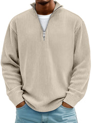 Men's Simple Casual Ribbed Stand Collar Zipper Long Sleeve T-shirt