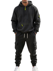 Men's Autumn and Winter Fleece Casual Zipper Sweatshirt Multi-Pocket Overalls Set