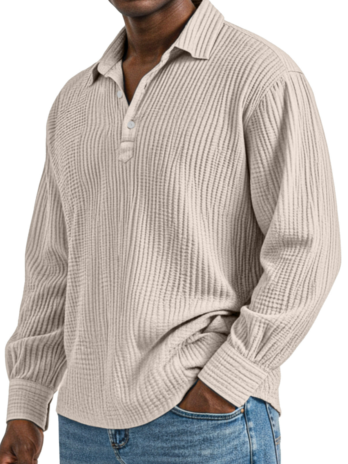 Men's Daily Simple Solid Color Pleated Long Sleeve Lapel Polo Shirt