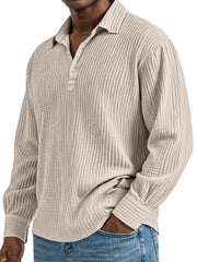 Men's Daily Simple Solid Color Pleated Long Sleeve Lapel Polo Shirt