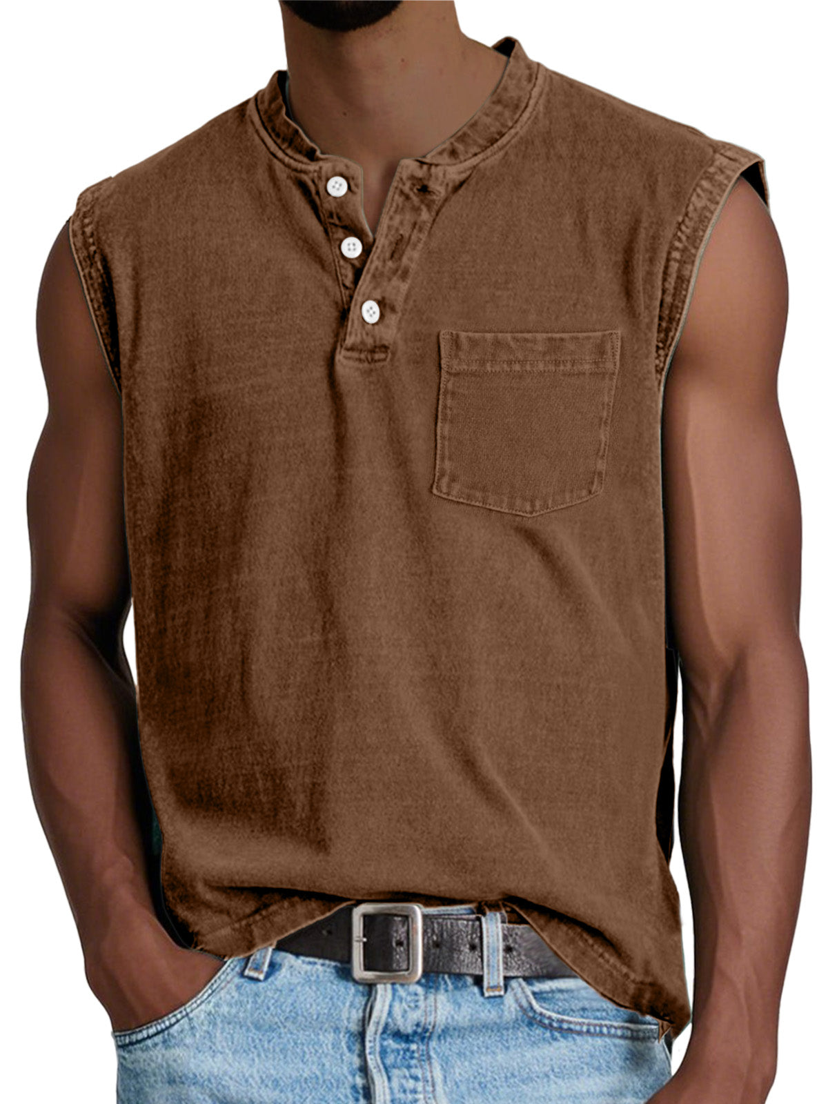 Men's Casual Retro Solid Color Simple Pocket Sleeveless Henley Shirt