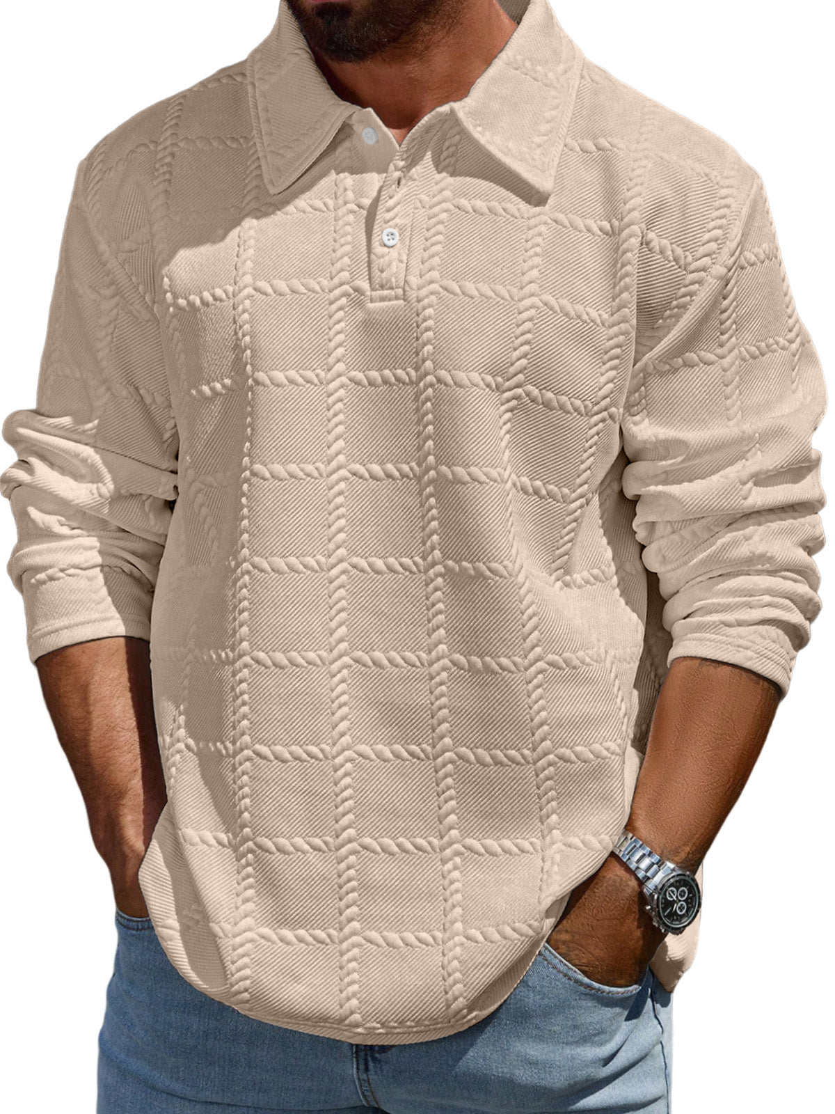 Men's Simple Solid Color Textured Lapel Long-sleeved Polo Shirt