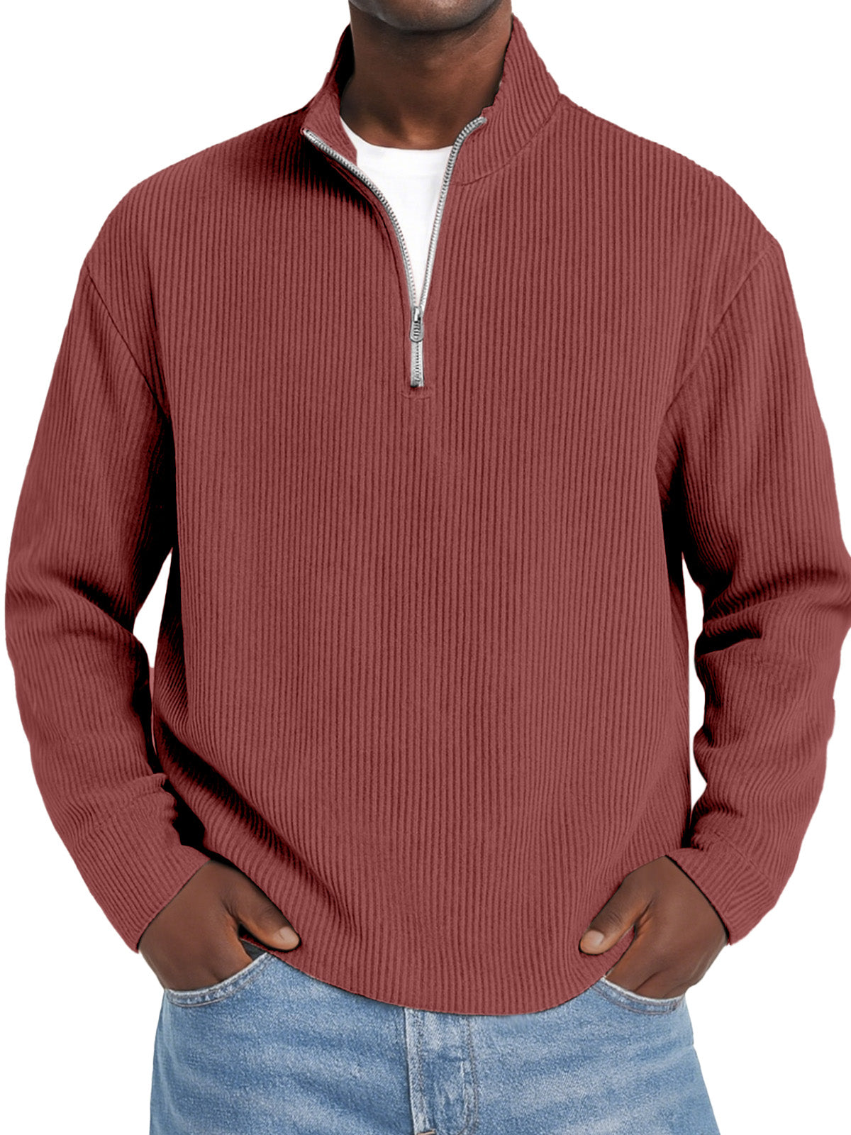 Men's Daily Solid Color Vertical Pit Zipper Long Sleeve Polo Shirt