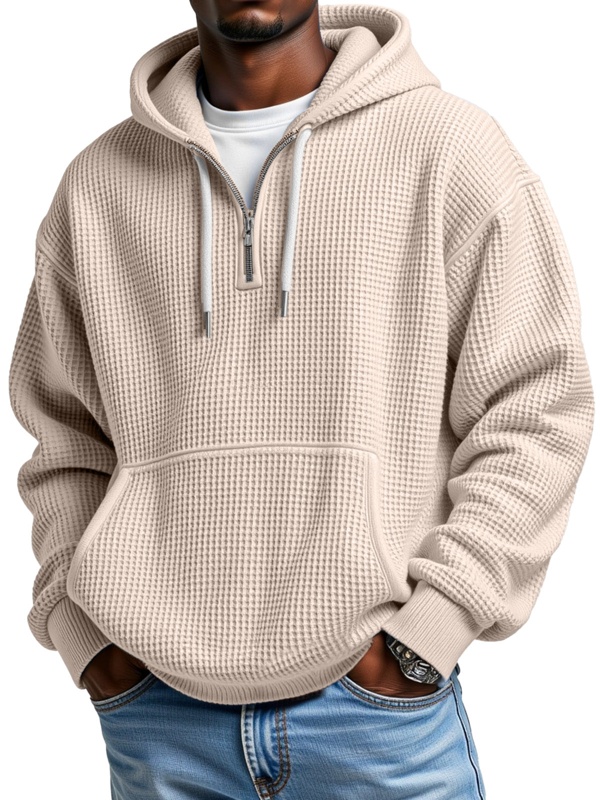 Men's Casual Solid Color Waffle Zipper Long Sleeve Hooded Sweatshirt
