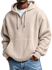 Men's Casual Solid Color Waffle Zipper Long Sleeve Hooded Sweatshirt