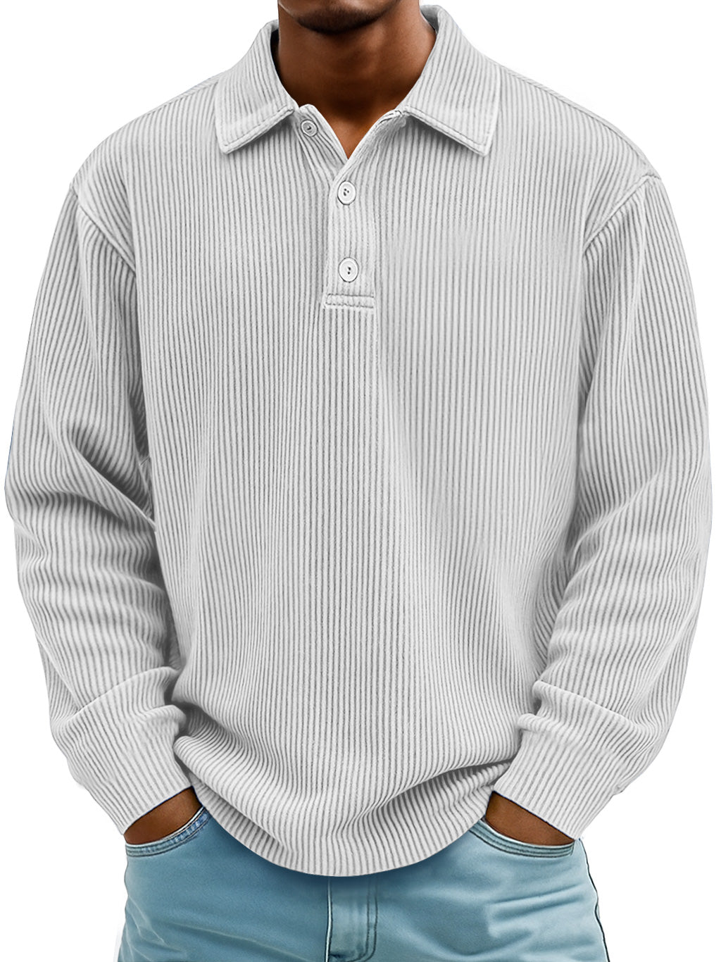Men's Daily Casual Ribbed Lapel Button-down Loose Long-sleeved Polo Shirt