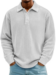 Men's Daily Casual Ribbed Lapel Button-down Loose Long-sleeved Polo Shirt