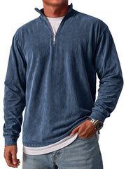 Men's Retro Stand Collar Zipper Casual Loose Solid Color Long Sleeve T-shirt