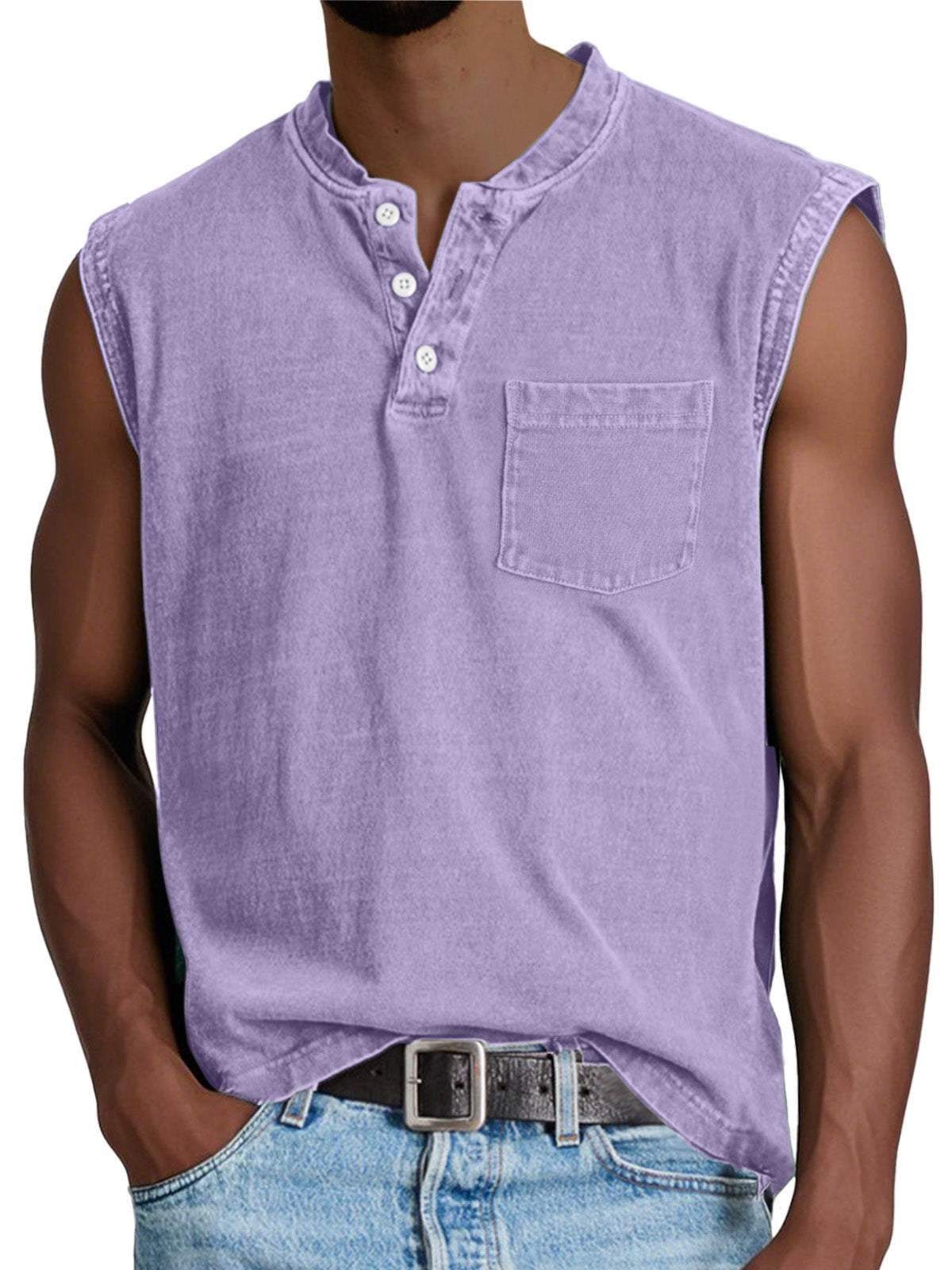 Men's Casual Retro Solid Color Simple Pocket Sleeveless Henley Shirt
