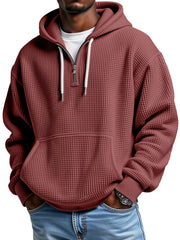 Men's Casual Solid Color Waffle Zipper Long Sleeve Hooded Sweatshirt