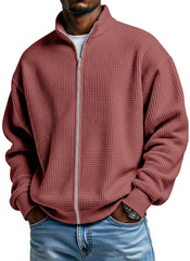Men's Simple Solid Color Waffle Stand Collar Zipper Jacket