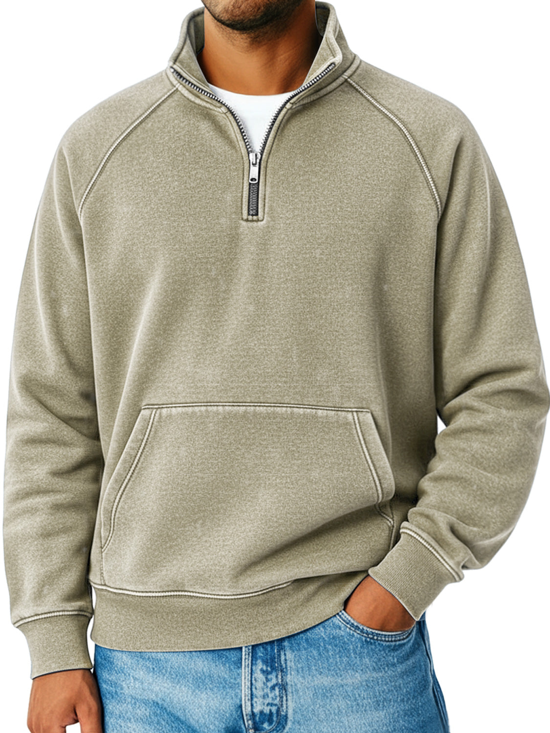 Men's Retro Raglan Sleeve Stand Collar Zipper Loose Casual Sweatshirt
