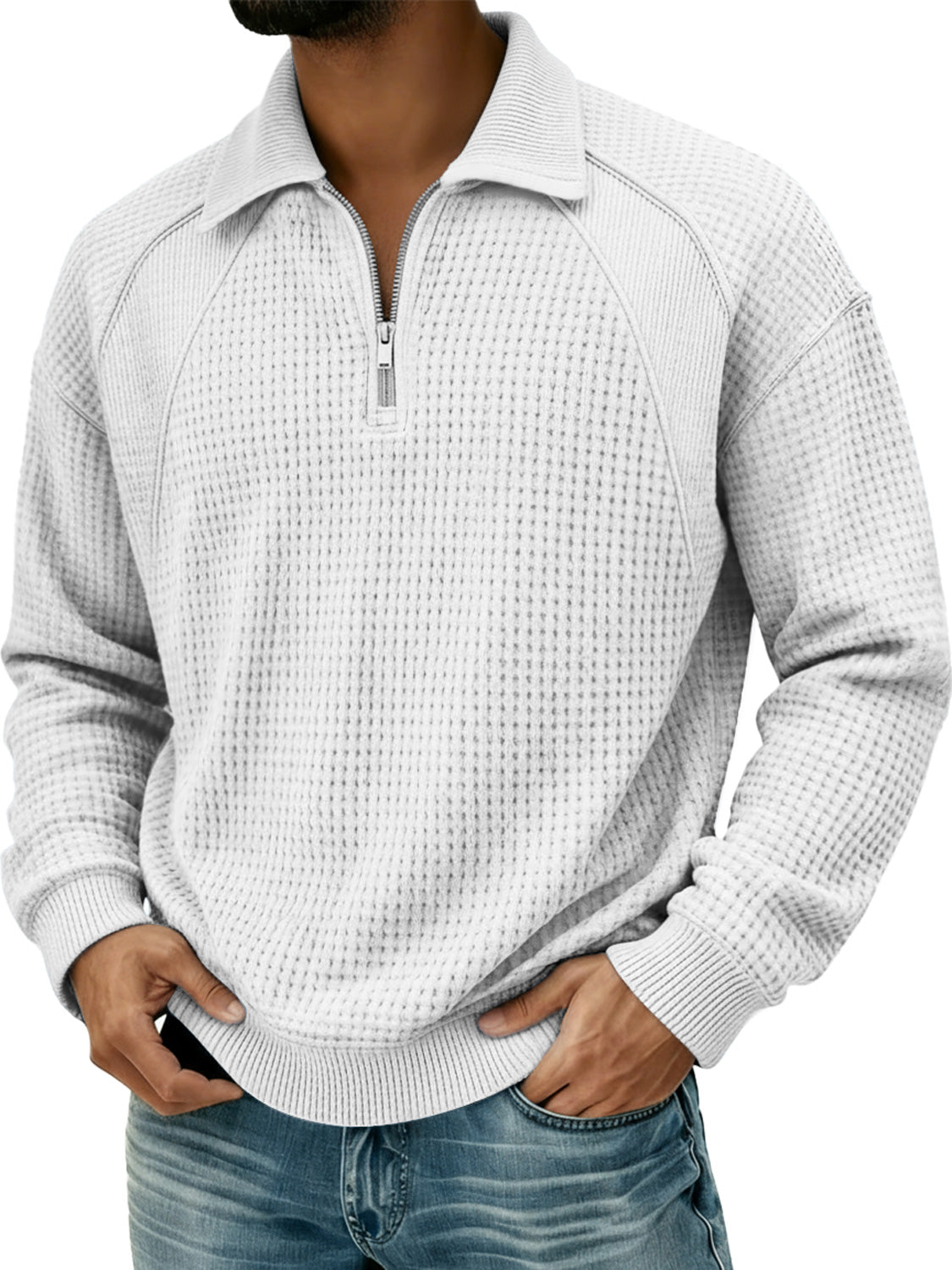 Men's Waffle Lapel Zipper Design Split Stitching Polo Shirt