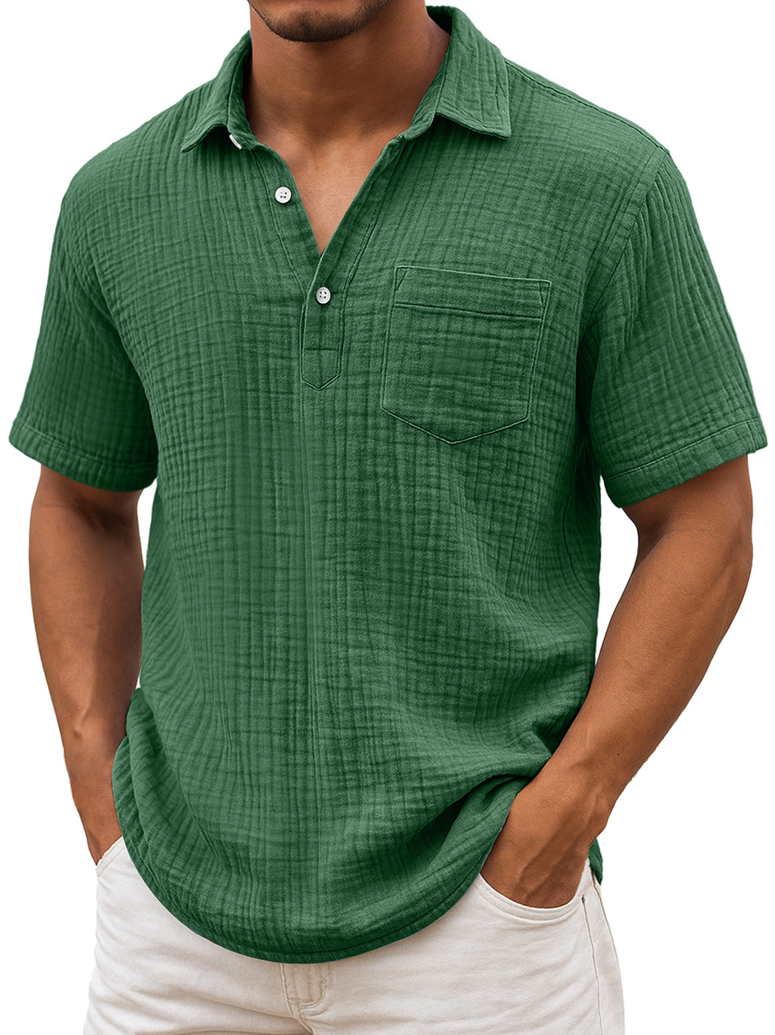 Men's Daily Pleated Texture Lapel Casual Pocket Comfortable Short Sleeve POLO Shirt