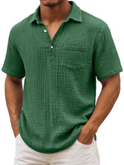Men's Daily Pleated Texture Lapel Casual Pocket Comfortable Short Sleeve POLO Shirt