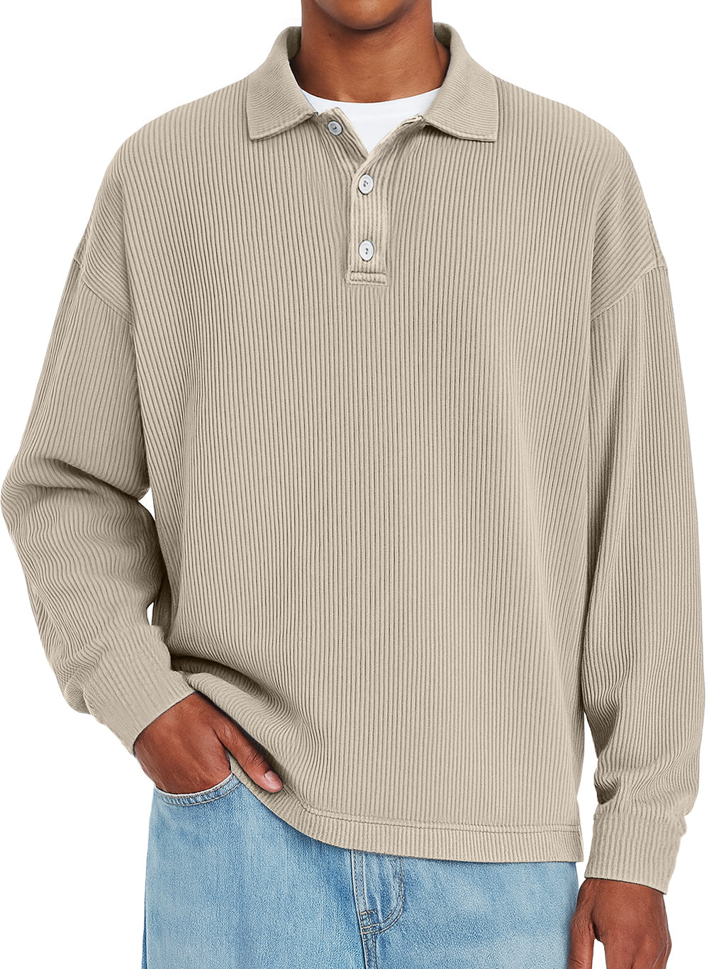 Men's Daily Ribbed Lapel Button-down Casual Solid Color Long-sleeved Polo Shirt