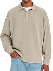 Men's Daily Ribbed Lapel Button-down Casual Solid Color Long-sleeved Polo Shirt