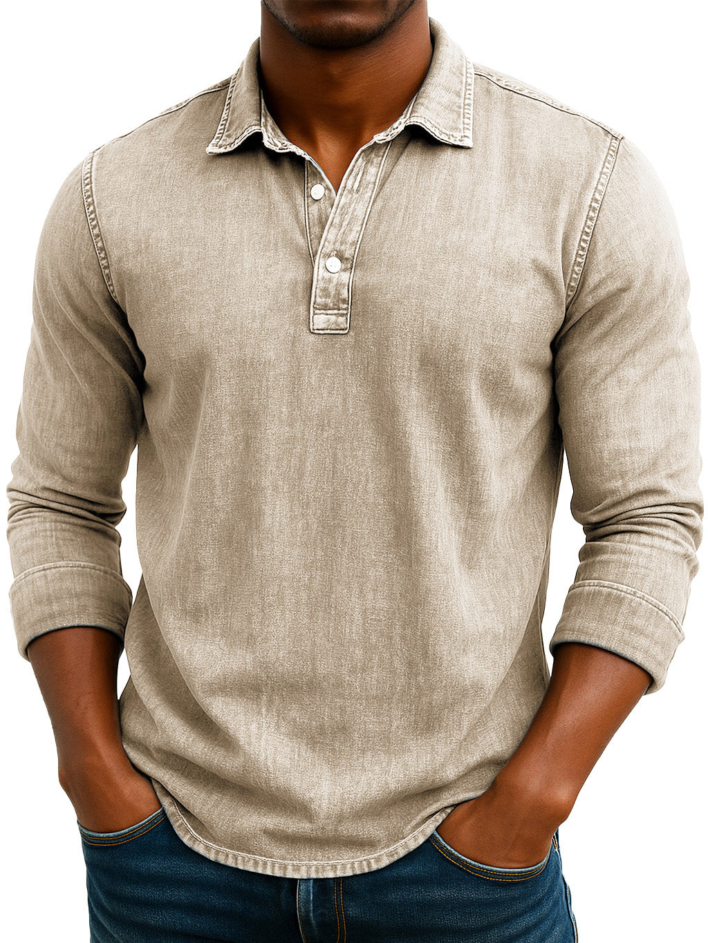 Men's Stylish Retro Washed And Distressed Lapel Long-sleeved Polo Shirt 