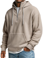 Men's Waffle Collar Zipper Casual Loose Hooded Sweatshirt