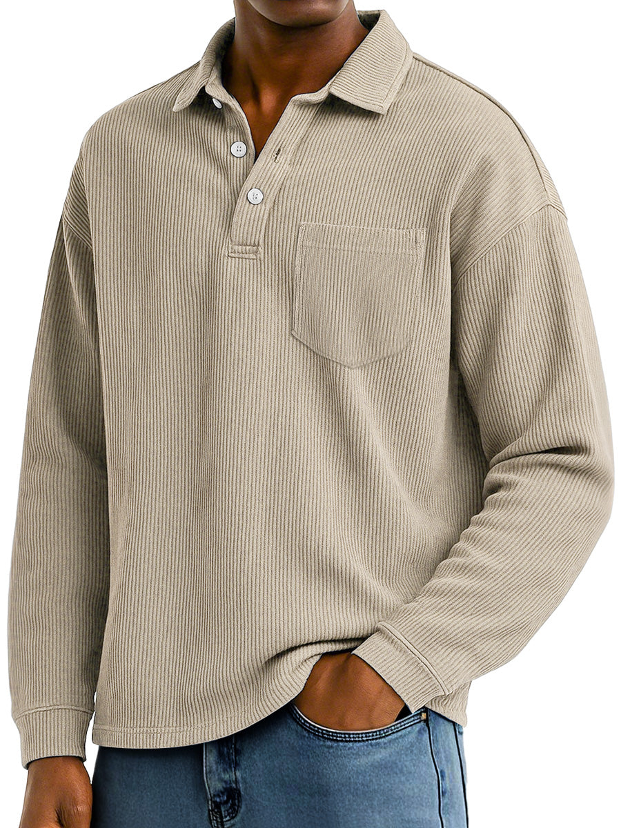Men's Daily Ribbed Lapel Button-down Casual Pocket Polo Shirt