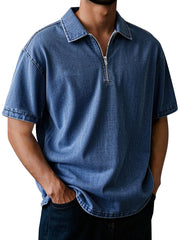 Men's Casual Retro Lapel Zipper Solid Color Short Sleeve POLO Shirt