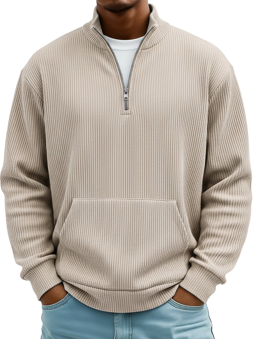 Men's Pit Stripe Stand Collar Zipper Loose Pocket Casual Hoodie