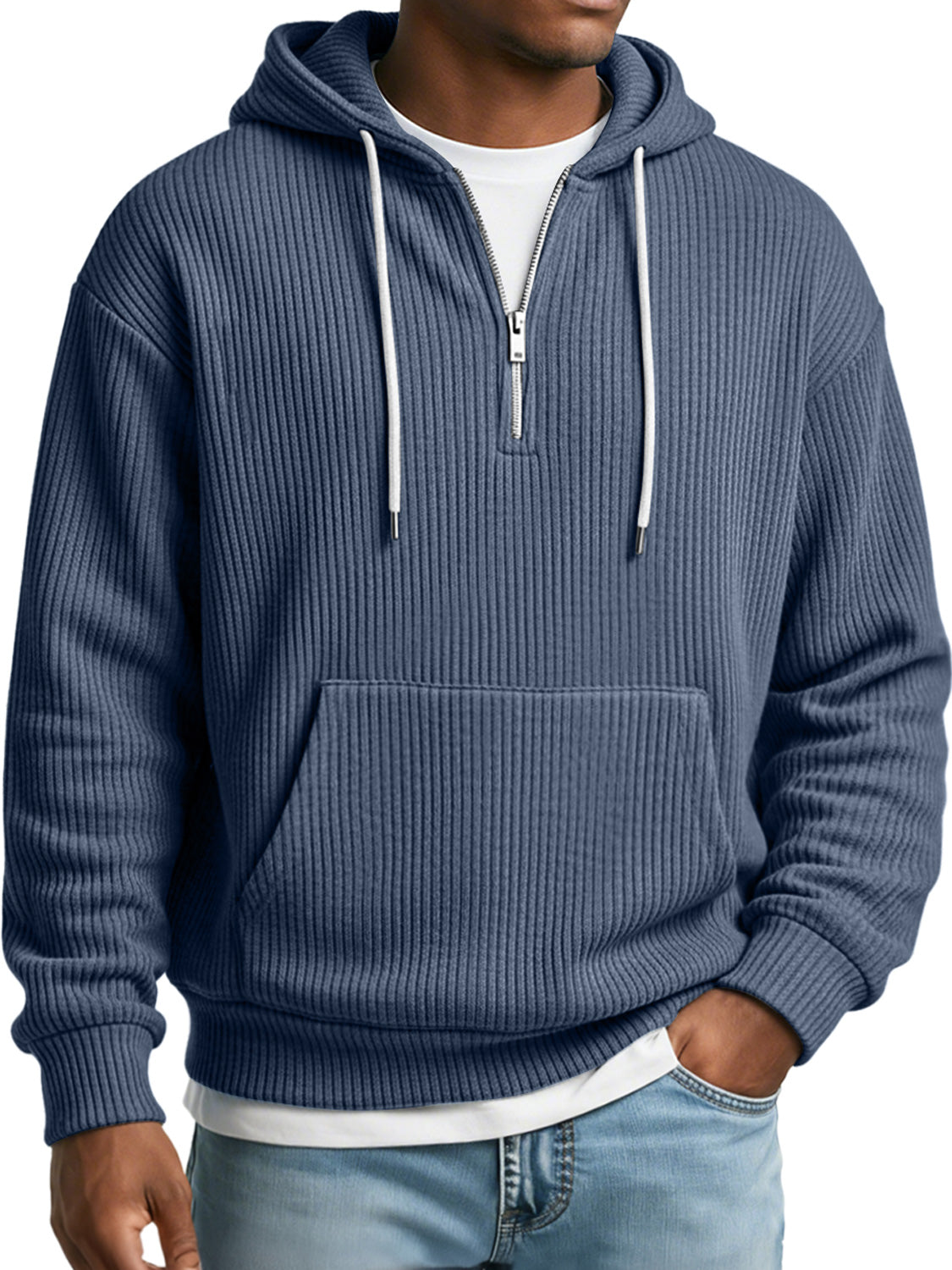 Men's Simple Ribbed Textured Hooded Zippered Casual Loose Sweatshirt