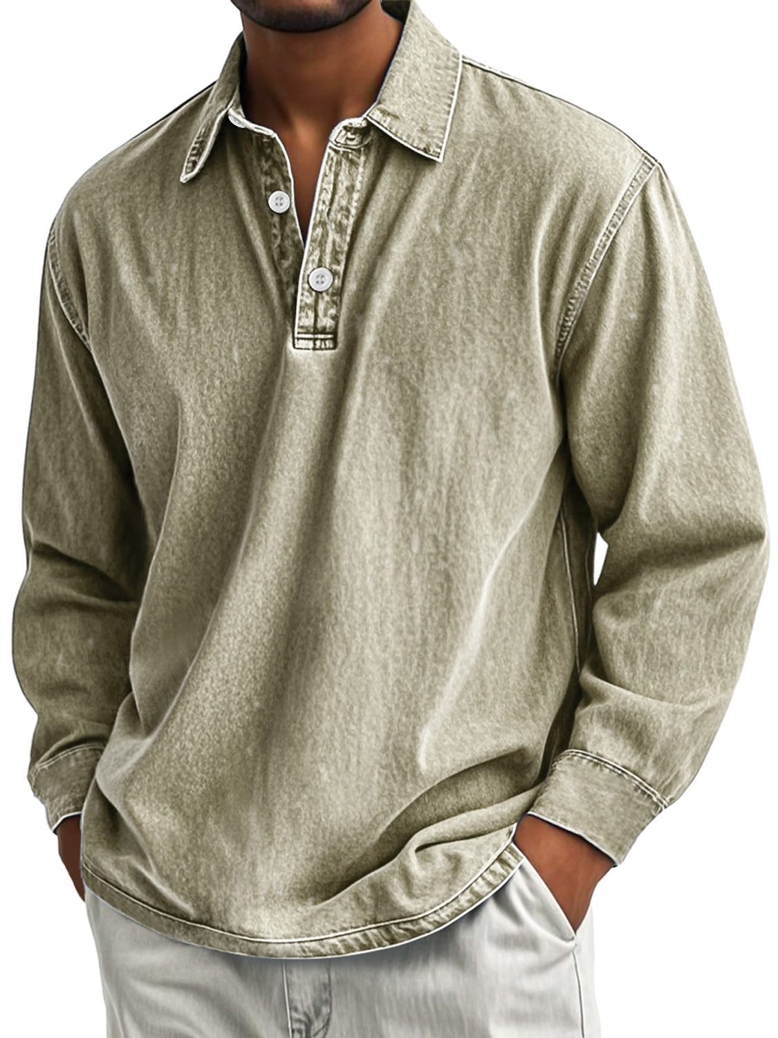 Men's Retro Casual Lapel Button Down Distressed Long Sleeve Polo Shirt