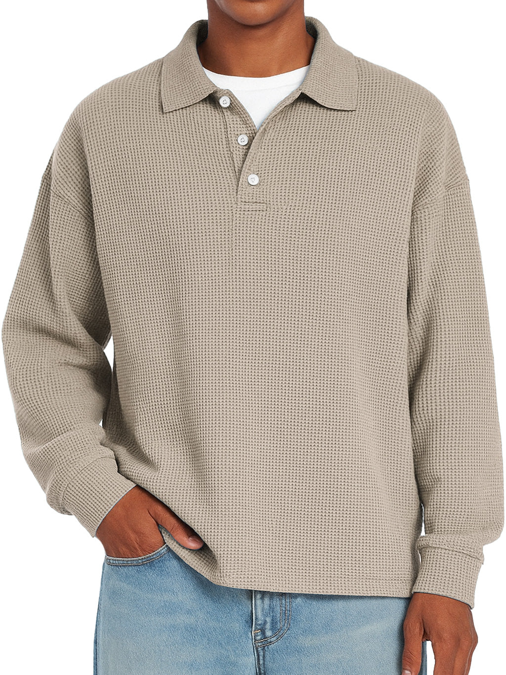 Men's Daily Waffle Casual Lapel Button Loose Long Sleeve Polo Shirt