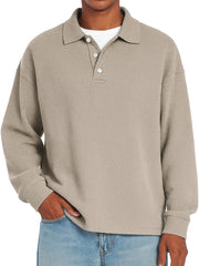 Men's Daily Waffle Casual Lapel Button Loose Long Sleeve Polo Shirt