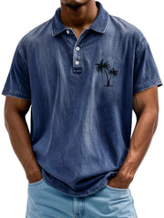 Men's Retro Lapel Coconut Tree Printed Casual Short Sleeve POLO Shirt